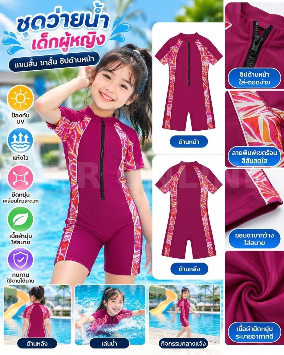 ชุดว่ายน้ำเด็ก ชิ้นเดียว มีฟองน้ำ Size S ชมพูลาย