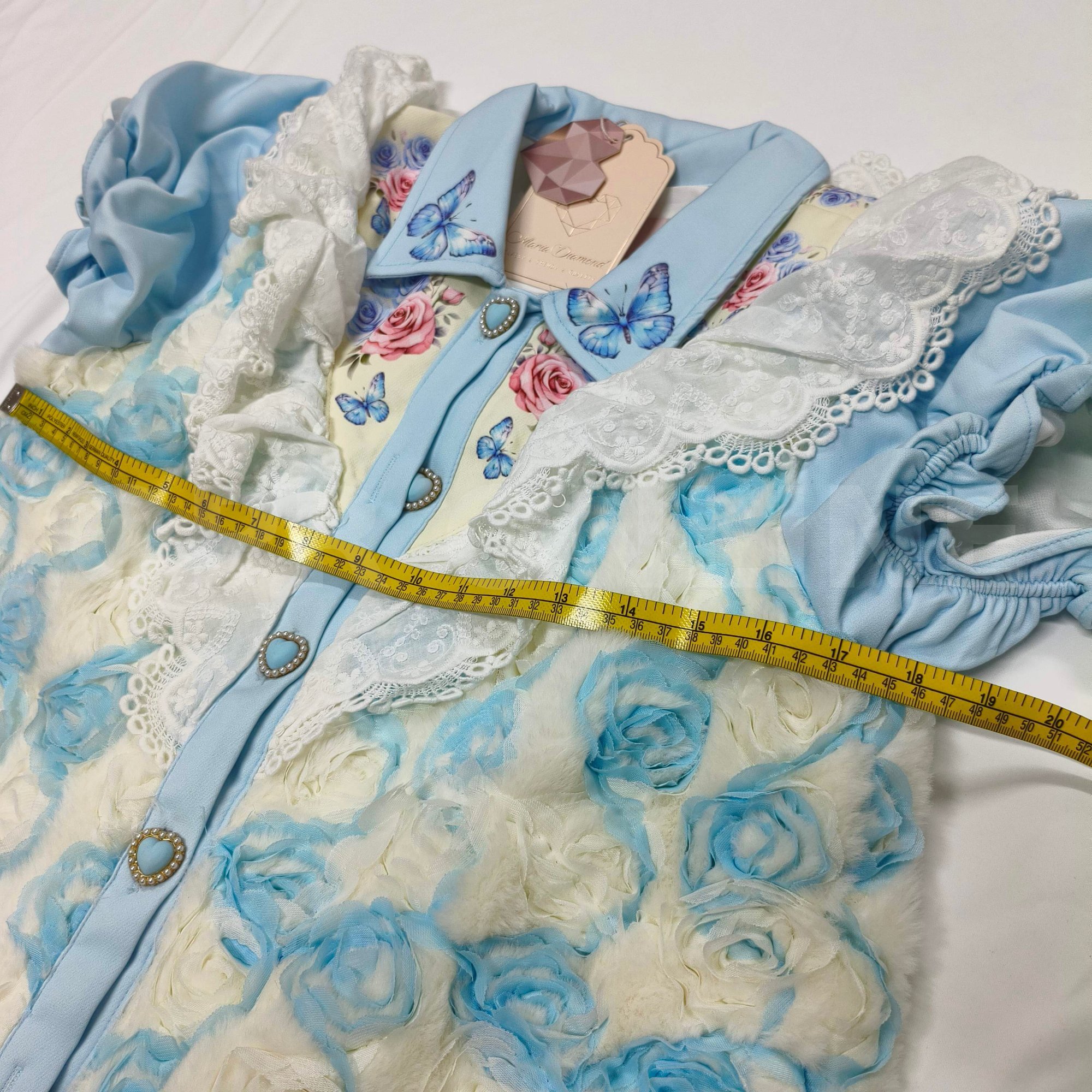 มี (S) Maria Diamond สีฟ้า Bamblue นุ่มกระดุมหน้า ปกวันเทจพิมพ์ลาย เขนสินสมอค มีซับใน / ยาว 32 นิ้ว / 1 นิ้วลงเดิมได้