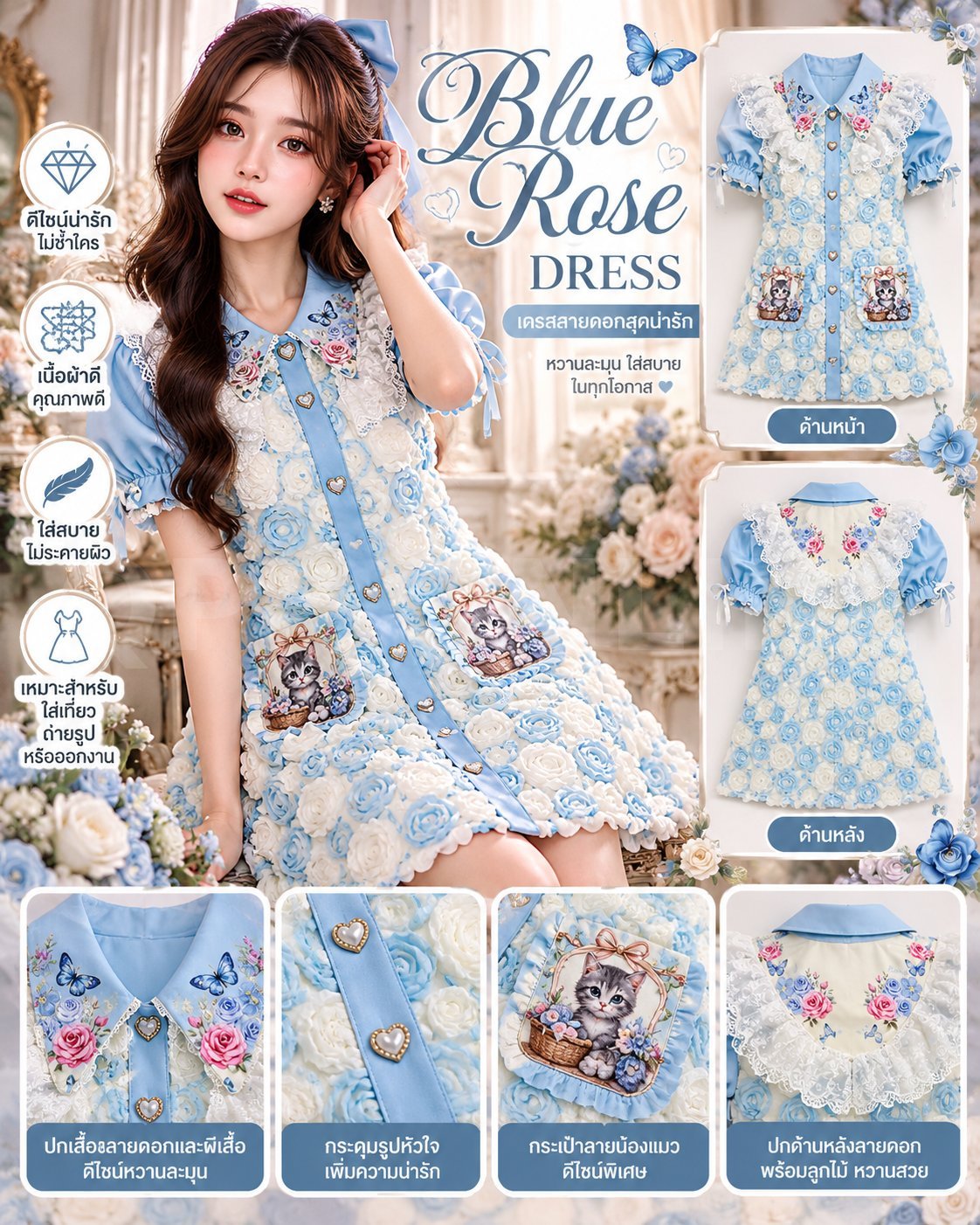 มี (S) Maria Diamond สีฟ้า Bamblue นุ่มกระดุมหน้า ปกวันเทจพิมพ์ลาย เขนสินสมอค มีซับใน / ยาว 32 นิ้ว / 1 นิ้วลงเดิมได้