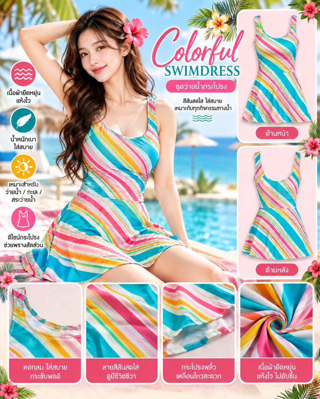 ชุดว่ายน้ำหญิง  มีฟองน้ำ Colorful XXL