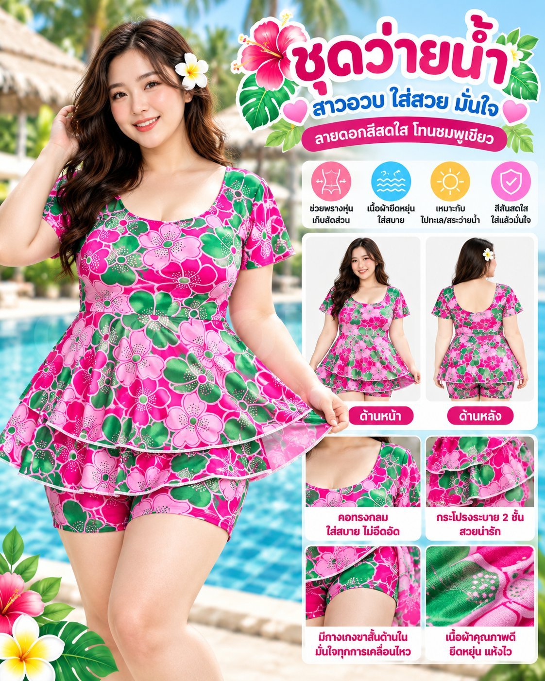 บอดี้สูทแบบแขนสั้นขาสั้น มีกระโปรง ไม่โป้ ลายดอกไม้ แดงเขียว Size 2XL