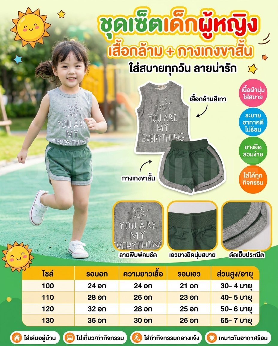 เสื้อเด็กผู้หญิงแขนกุด กางเกงขาสั้น