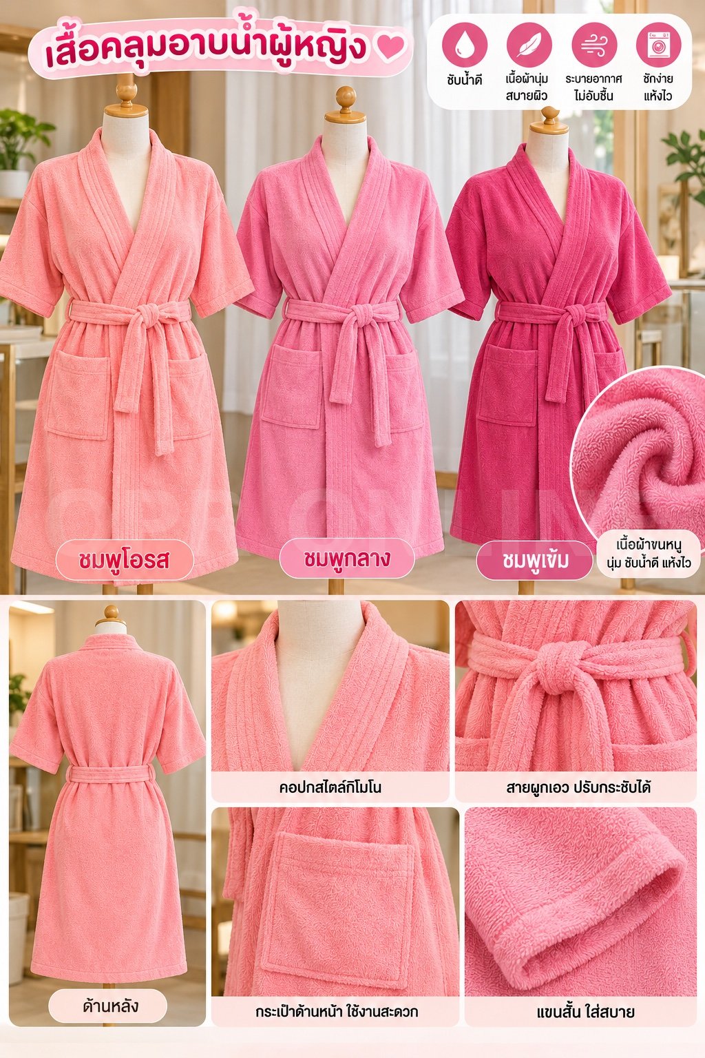 เสื้อคลุมอาบน้ำผู้หญิงสีชมพู สินค้า ล้างสต๊อก