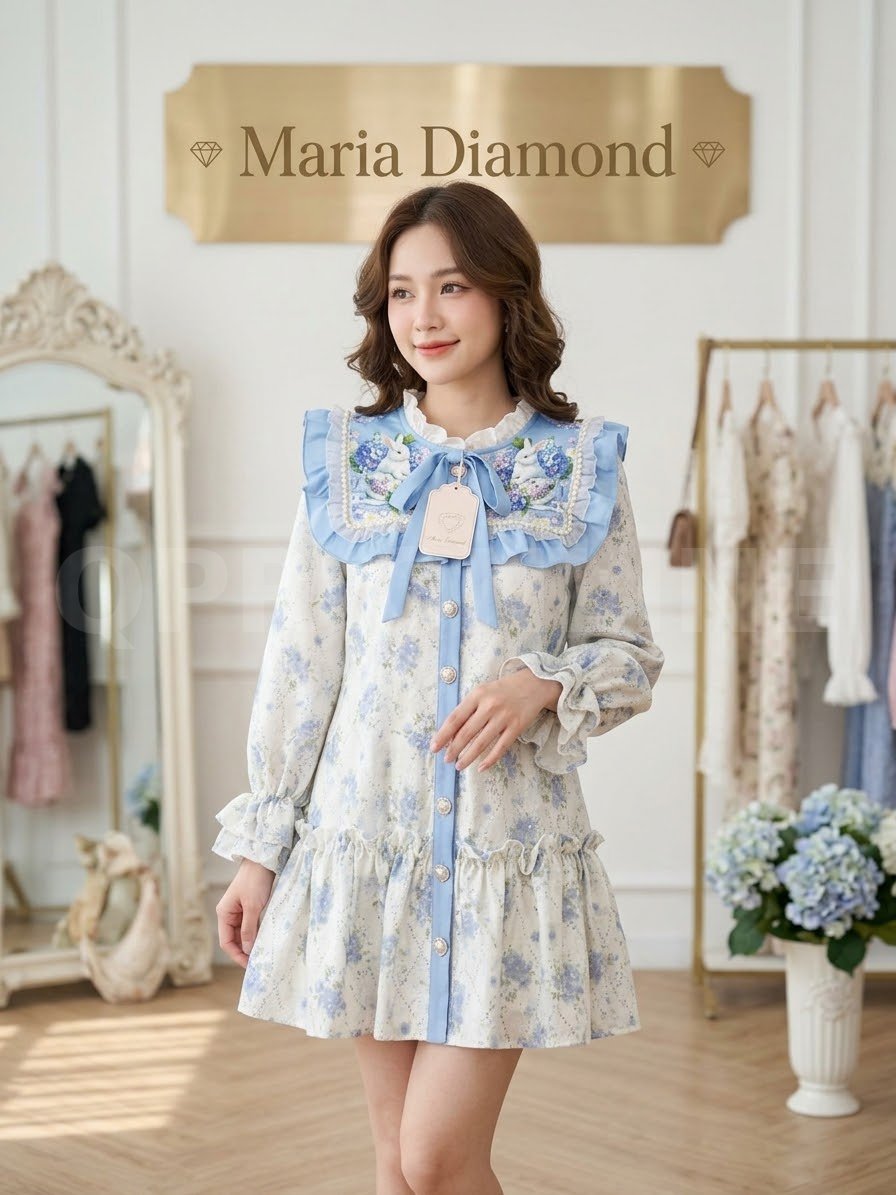 Maria Diamon เดรสสั้นคอปืนระบายพิมพ์ลายดอกไม้และน้องกระต่ายขนาดเล็กสี ฟ้า-แต่งปกขนาดใหญ่สีฟ้าสดใส ซ้อนดีเทลระบาย ขอบปก ด้านหน้าปักลายน้องกระต่าย แต่งมุกตรงปกมีระบายลู ริบบิ้นโบว์ยาวสีฟ้าบริเวณคอเสื้อ