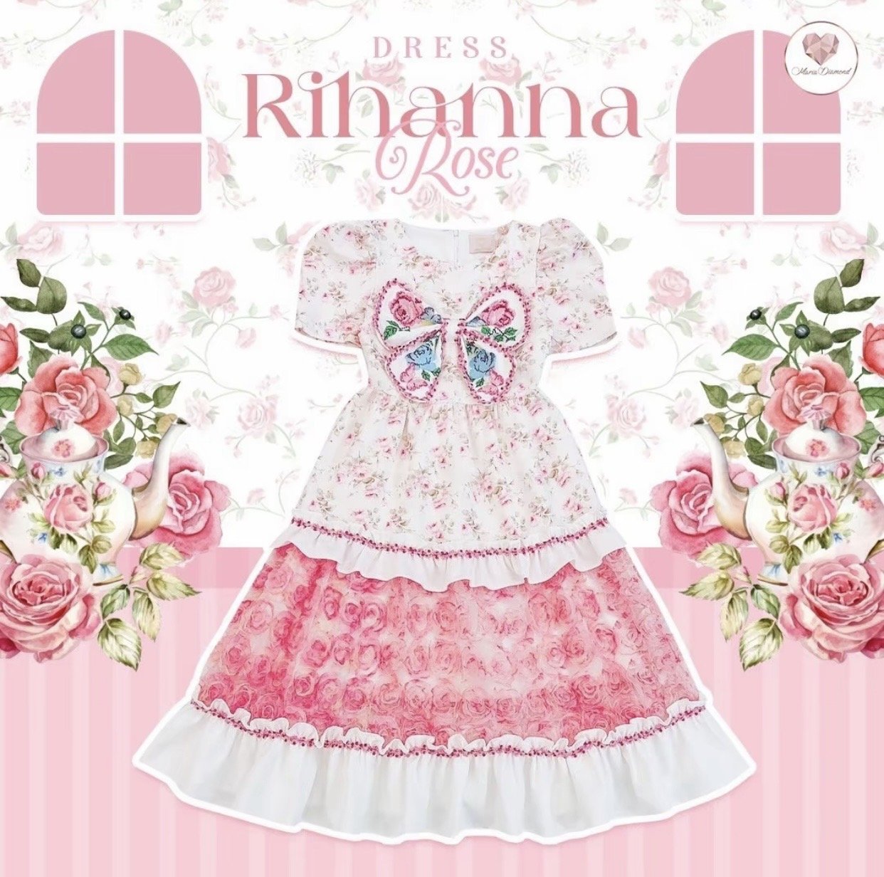 มีS) Maria Diamond สีชมพูครีม Rihanna Rose Dress เดรสยาววินเทจดีเทลโบว์งานปัก ผ้าเปเป้ตัดต่อผ้า 3D กุหลาบ ทรงสวย ซิป หลัง มีซับใน/จุด5ข้าม/44นิ้ว