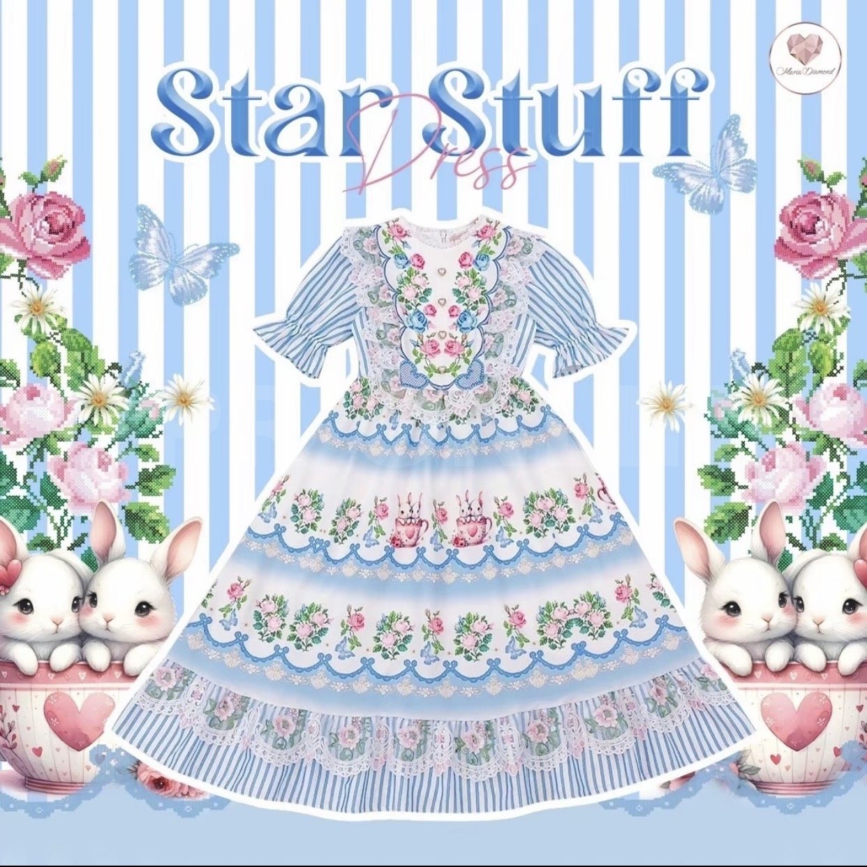 มีS) Maria Diamond สีฟ้า Star Stuff W Dress เดรสยาวผ้าไหมญี่ปุ่นพิมพ์ลายสไตล์วินเทจ ปกแต่งลูกไม้งานปัก แขนสั้นปลายสม็อค ซิป หลัง ซับใน ย้าว45 อกจุด5ข้าม