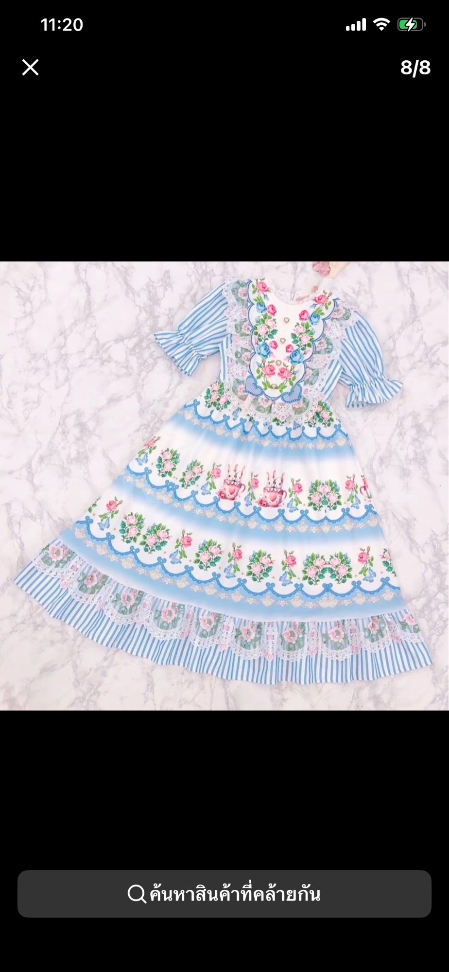 มีS) Maria Diamond สีฟ้า Star Stuff W Dress เดรสยาวผ้าไหมญี่ปุ่นพิมพ์ลายสไตล์วินเทจ ปกแต่งลูกไม้งานปัก แขนสั้นปลายสม็อค ซิป หลัง ซับใน ย้าว45 อกจุด5ข้าม