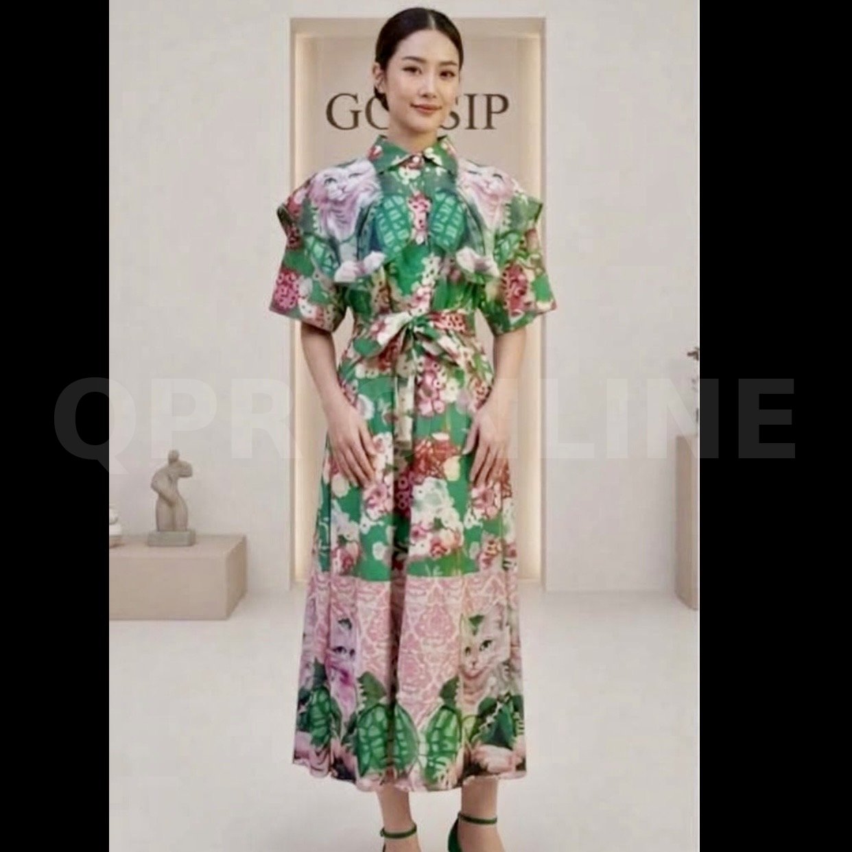 งานGossip2ชิ้นชุดเดรสยาวแขนสั้น ปกใหญ่ลายน้องแมว รุ่นฟรีไซซ์ได้ถึง 2 XL