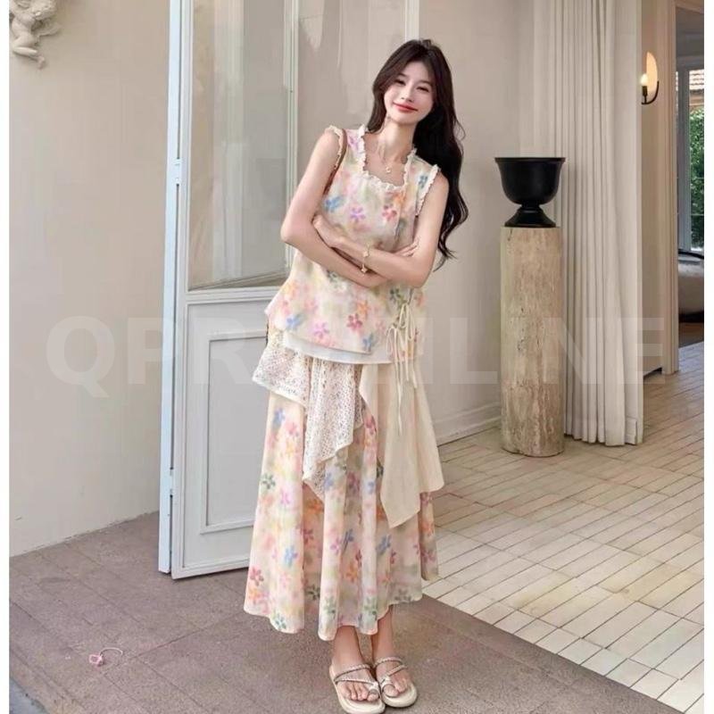 ชุดกระโปรง 2 ชิ้นลายดอกไม้หลากสีสไตล์หวานน่ารัก (โดพามีนลุค)  เที่ยวทะเล คาเฟ่ กระโปรงแบบต่อผ้า"  F สี้ออก 36  กระโปรงเอว 24 ยืด 30 สะโพก Fยาว 35