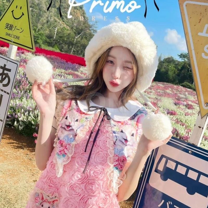 Maria Diamond สีชมพู Rabbit Primo Dress เดรสทรงปล่อยผ้ากุหลาบขน 3D สีชมพู พาลเทล แขนระบาย ปกแหลมพิมพ์ลาย ซิปหลัง มีซับใน /เดรสยาว33 /1นิวลงเดิม