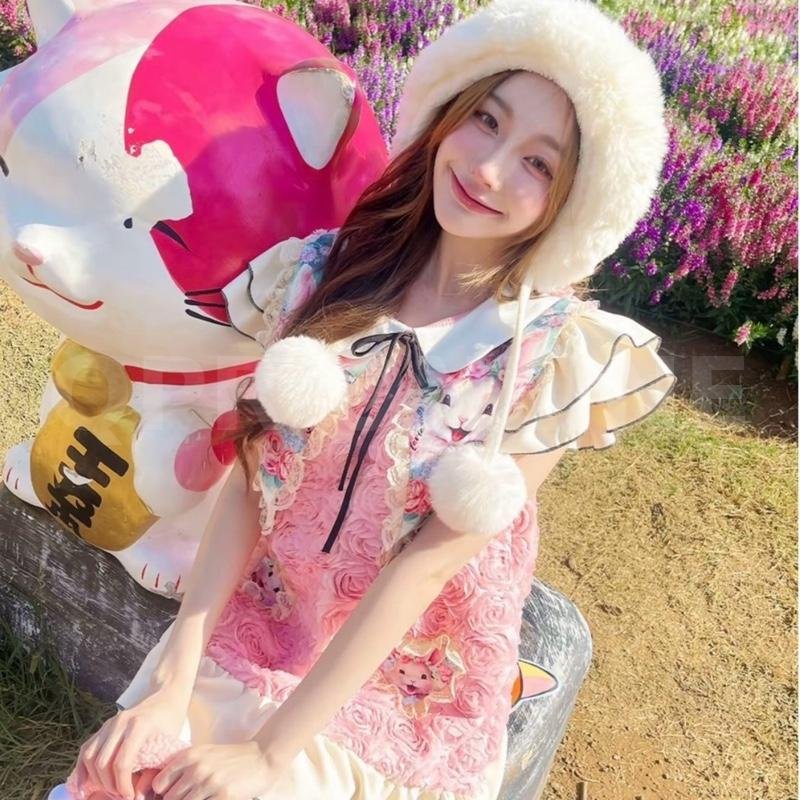 Maria Diamond สีชมพู Rabbit Primo Dress เดรสทรงปล่อยผ้ากุหลาบขน 3D สีชมพู พาลเทล แขนระบาย ปกแหลมพิมพ์ลาย ซิปหลัง มีซับใน /เดรสยาว33 /1นิวลงเดิม