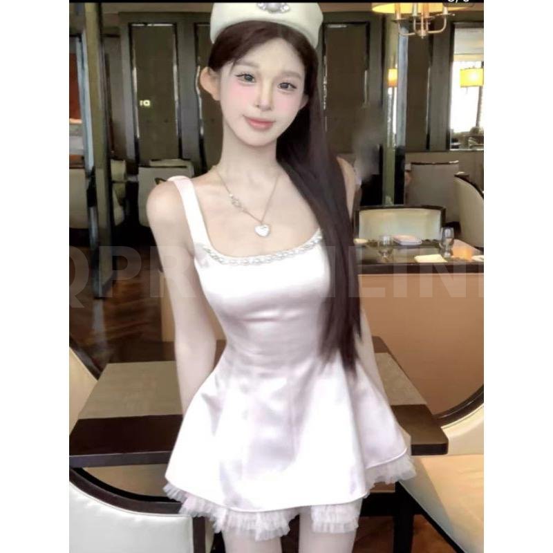 เดรสสั้นคุณหนู คอแต่งมถก นำเข้าสไตล์เกาหลี ซับในทั้งชุด