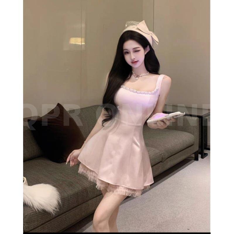 เดรสสั้นคุณหนู คอแต่งมถก นำเข้าสไตล์เกาหลี ซับในทั้งชุด
