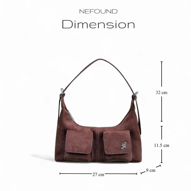 TopChoice | NEFOUND (NF25024) กระเป๋า  โฮโบรุ่น Rondie คาร์โก้หน้า หนังกลับ Premium — น้ำตาลช็อกโกแลต