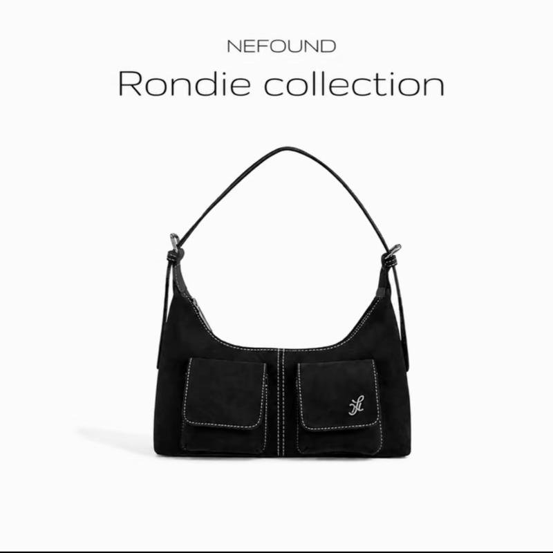TopChoice | NEFOUND (NF25024) กระเป๋า  โฮโบรุ่น Rondie คาร์โก้หน้า หนังกลับ Premium — ดำ
