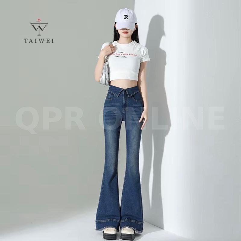 TAIWEI #8318 กางเกงขาม้า แต่งเอวพับ ขาม้าเอวสูง ผ้ายืด ปลายขาแต่งสวย กางเกงยีนส์ เอวพับขาม้า ไซส์ S-2XL — L 28-29 สพ 36-37 ยาว 40, กางเกงขาม้าสียีนส์ยืดสียีนส์เข้มปลายขาตัดแต่ง