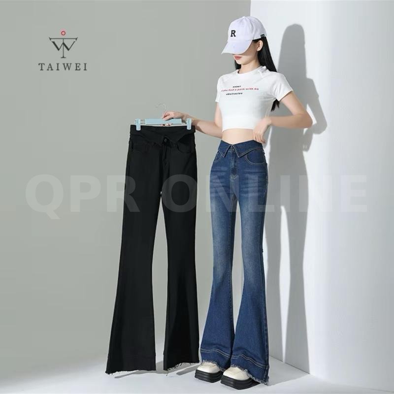TAIWEI #8318 กางเกงขาม้า แต่งเอวพับ ขาม้าเอวสูง ผ้ายืด ปลายขาแต่งสวย กางเกงยีนส์ เอวพับขาม้า ไซส์ S-2XL — L 28-29 สพ 36-37 ยาว 40, กางเกงขาม้าสียีนส์ยืดสียีนส์เข้มปลายขาตัดแต่ง