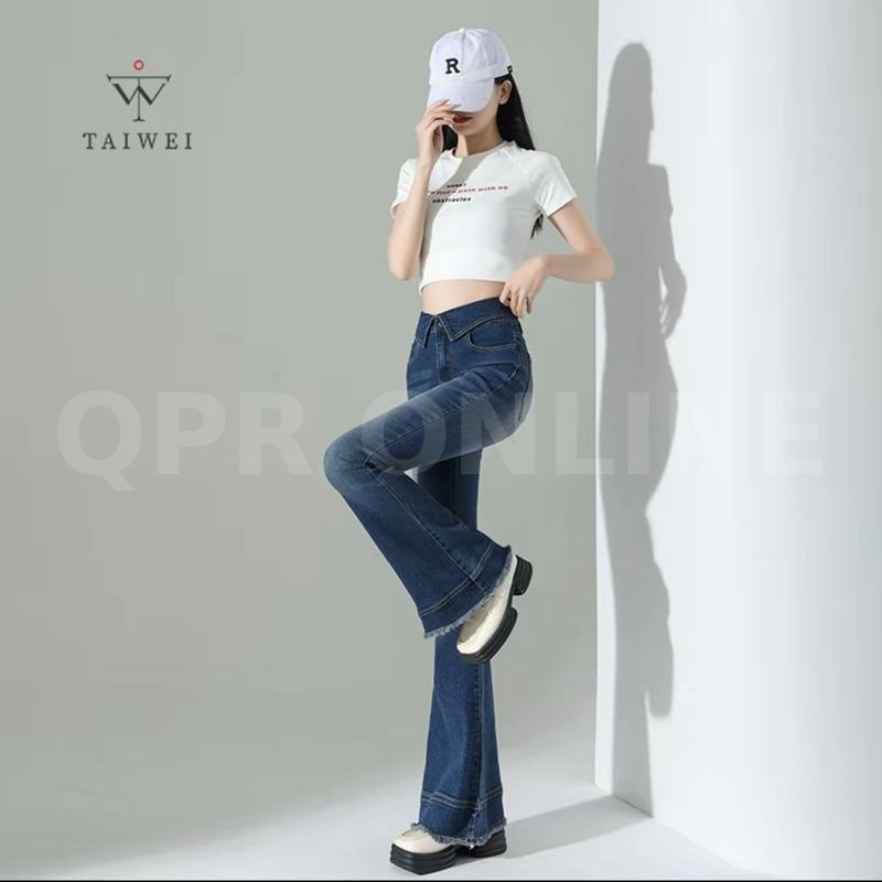 TAIWEI #8318 กางเกงขาม้า แต่งเอวพับ ขาม้าเอวสูง ผ้ายืด ปลายขาแต่งสวย กางเกงยีนส์ เอวพับขาม้า ไซส์ S-2XL — M 26-27 สพ 34-35 ยาว 39.5, กางเกงขาม้าสียีนส์ยืดสียีนส์เข้มปลายขาตัดแต่ง