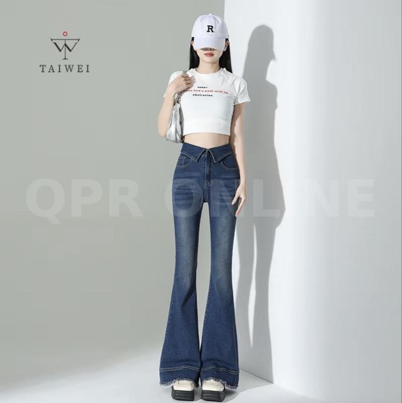 TAIWEI #8318 กางเกงขาม้า แต่งเอวพับ ขาม้าเอวสูง ผ้ายืด ปลายขาแต่งสวย กางเกงยีนส์ เอวพับขาม้า ไซส์ S-2XL — M 26-27 สพ 34-35 ยาว 39.5, กางเกงขาม้าสียีนส์ยืดสียีนส์เข้มปลายขาตัดแต่ง