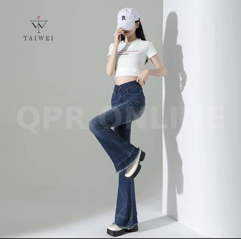 TAIWEI #8318 กางเกงขาม้า แต่งเอวพับ ขาม้าเอวสูง ผ้ายืด ปลายขาแต่งสวย กางเกงยีนส์ เอวพับขาม้า ไซส์ S-2XL — L 28-29 สพ 36-37 ยาว 40, กางเกงขาม้าสียีนส์ยืดสียีนส์เข้มปลายขาตัดแต่ง