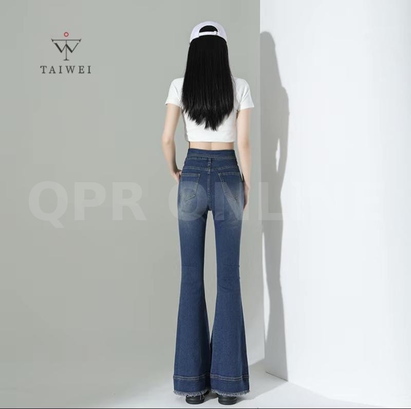 TAIWEI #8318 กางเกงขาม้า แต่งเอวพับ ขาม้าเอวสูง ผ้ายืด ปลายขาแต่งสวย กางเกงยีนส์ เอวพับขาม้า ไซส์ S-2XL — L 28-29 สพ 36-37 ยาว 40, กางเกงขาม้าสียีนส์ยืดสียีนส์เข้มปลายขาตัดแต่ง