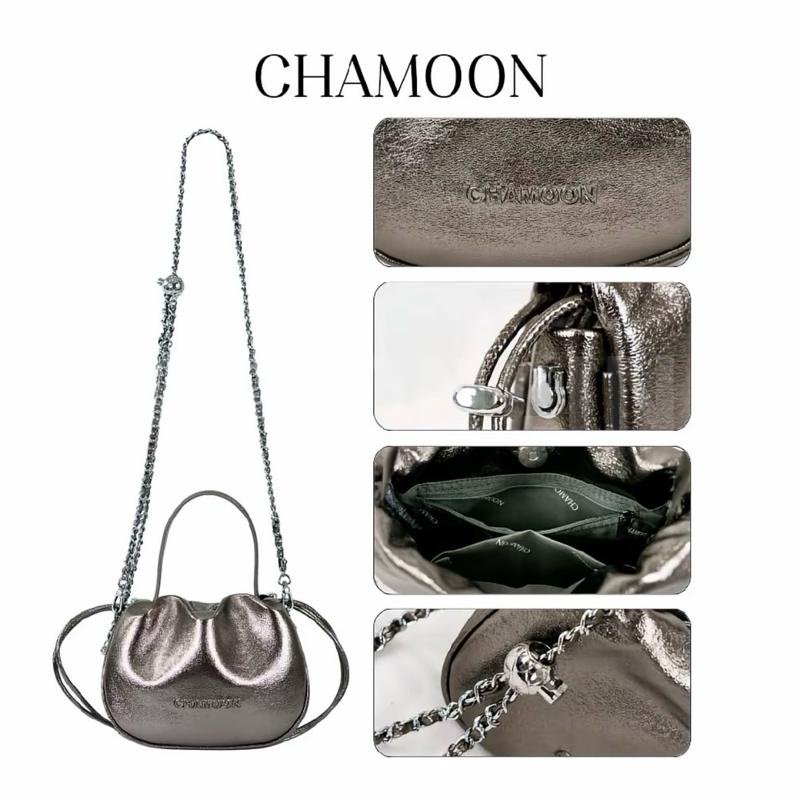 กระเป๋าทรงฟักทอง กระเป๋าแฟชั้น CHAMOON Chani (ชานิ) CL25 กระเป๋าหนัง ถือ สะพายข้างทรงจีบ กระเป๋าแฟชั่นถอดสาย ยาวได้ ลด — เงินเข้ม