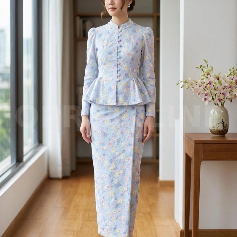 PASSION ชุด2ชิ้น เสื้อ+กระโปร่งผ้าฝ้ายแท้หรือผ้าคอตตอนปักฉลุลายผ้าฝ้าย (Cotton): เป็นที่นิยมมากสำหรับชุดพิมพ์ลายดอกไม้แนวพาสเทล เพราะสวมใส่สบาย