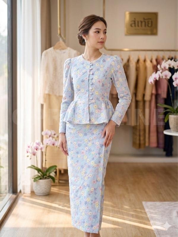 PASSION ชุด2ชิ้น เสื้อ+กระโปร่งผ้าฝ้ายแท้หรือผ้าคอตตอนปักฉลุลายผ้าฝ้าย (Cotton): เป็นที่นิยมมากสำหรับชุดพิมพ์ลายดอกไม้แนวพาสเทล เพราะสวมใส่สบาย