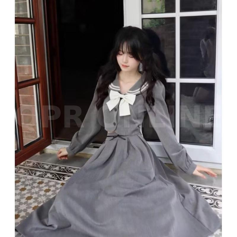 ชุดเซ็ทนำเข้าสไตล์เกาหลี เสื้อคอปก +กระโปรงยาว +โบร์ หน้าหลัง (พร้อมส่ง)