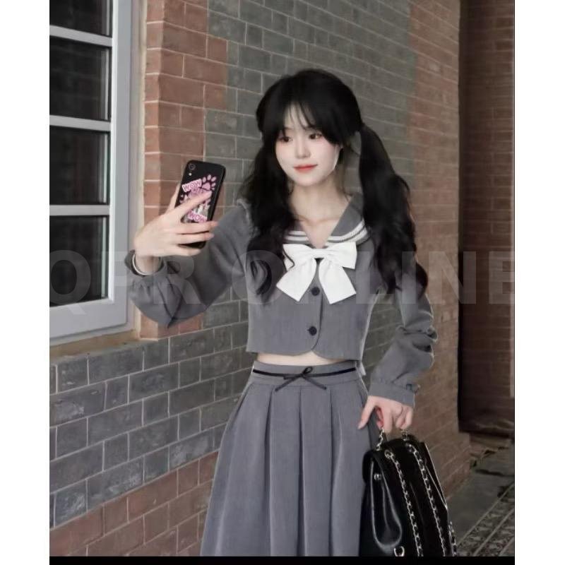 ชุดเซ็ทนำเข้าสไตล์เกาหลี เสื้อคอปก +กระโปรงยาว +โบร์ หน้าหลัง (พร้อมส่ง)